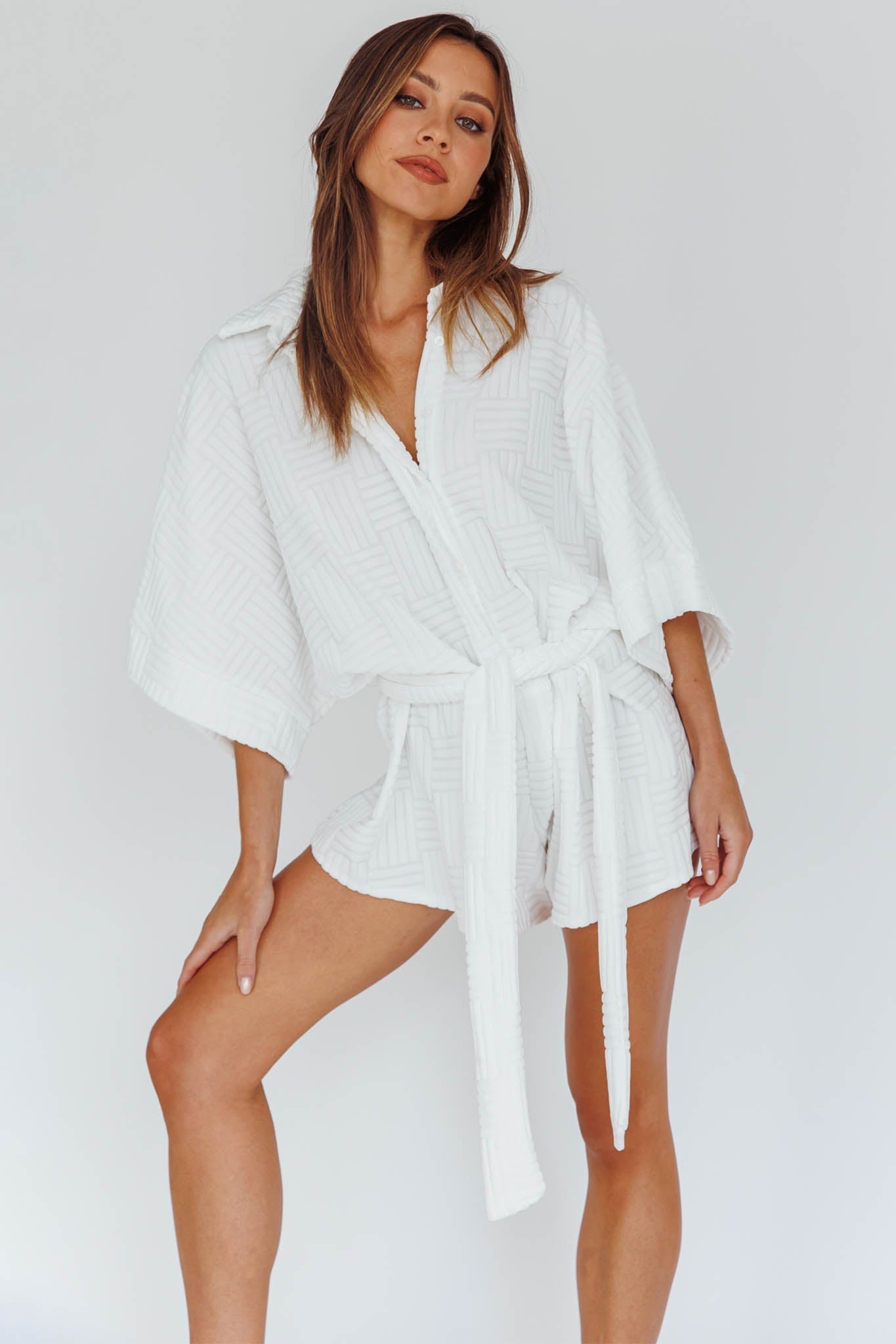 Daytona Beach Button-Up Romper Textured White