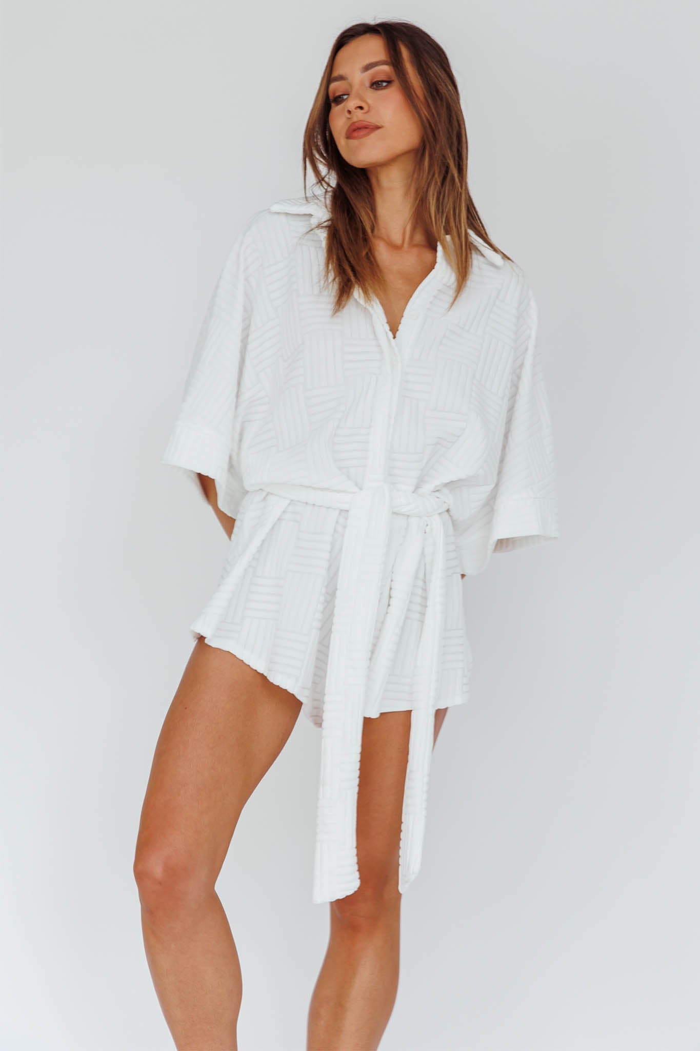 Daytona Beach Button-Up Romper Textured White