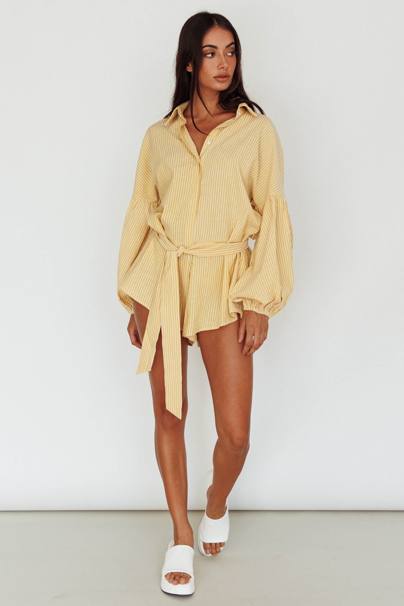 Daytona Beach Long Sleeve Shirt Romper Yellow Stripe