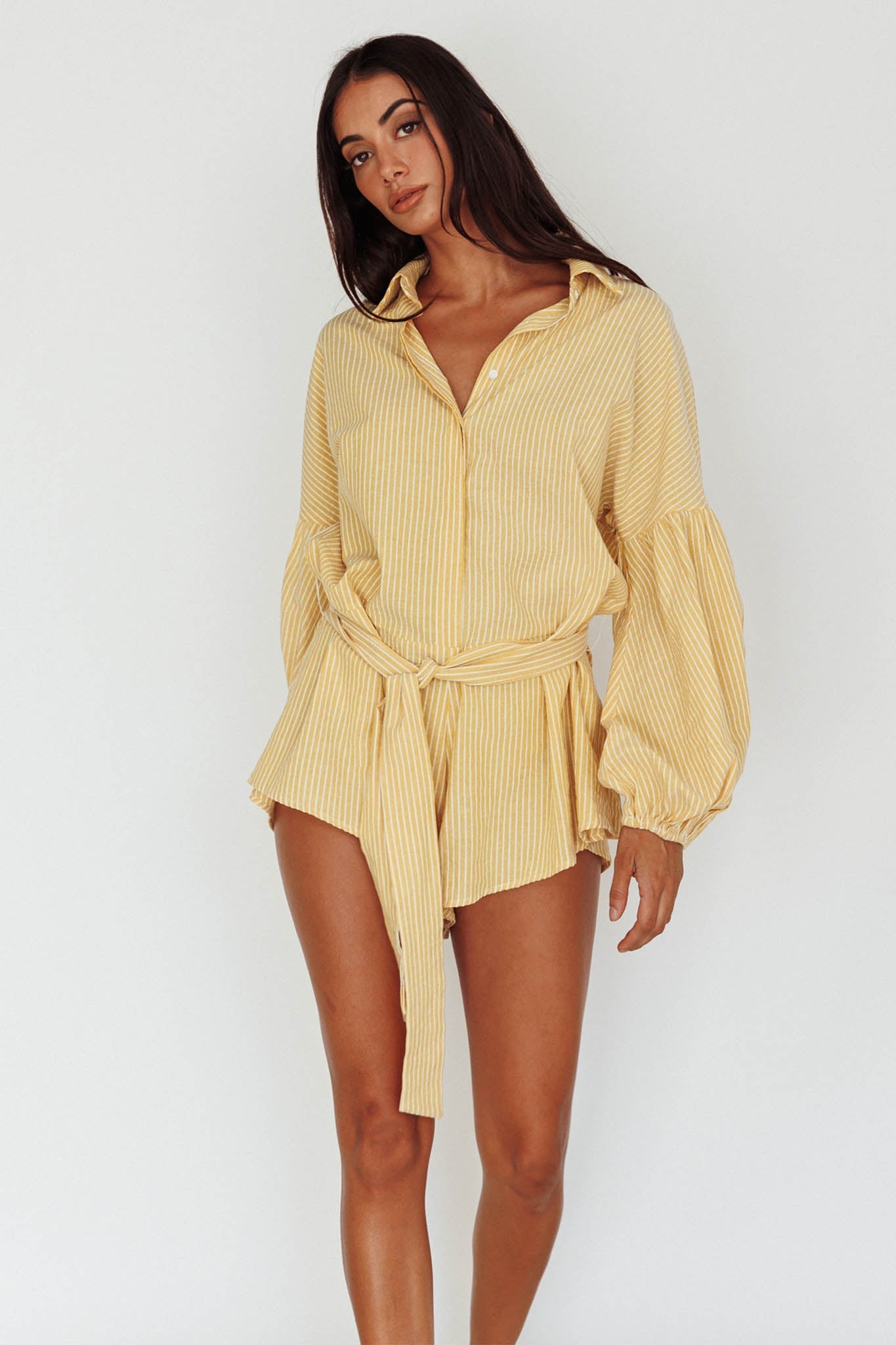 Daytona Beach Long Sleeve Shirt Romper Yellow Stripe