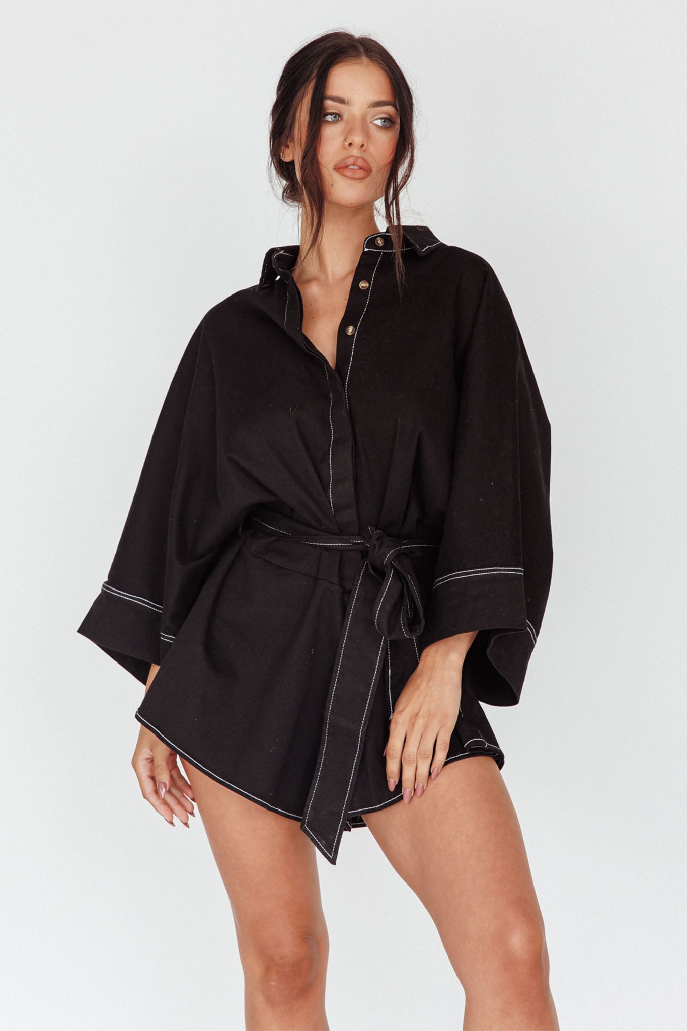 Daytona Beach Long Sleeve Shirt Romper Black