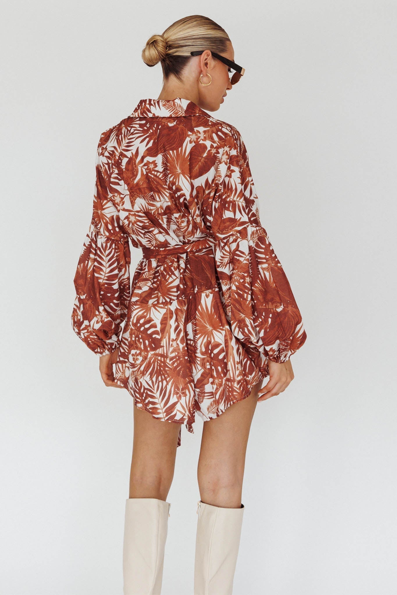 Daytona Beach Long Sleeve Shirt Romper Leaves Brown