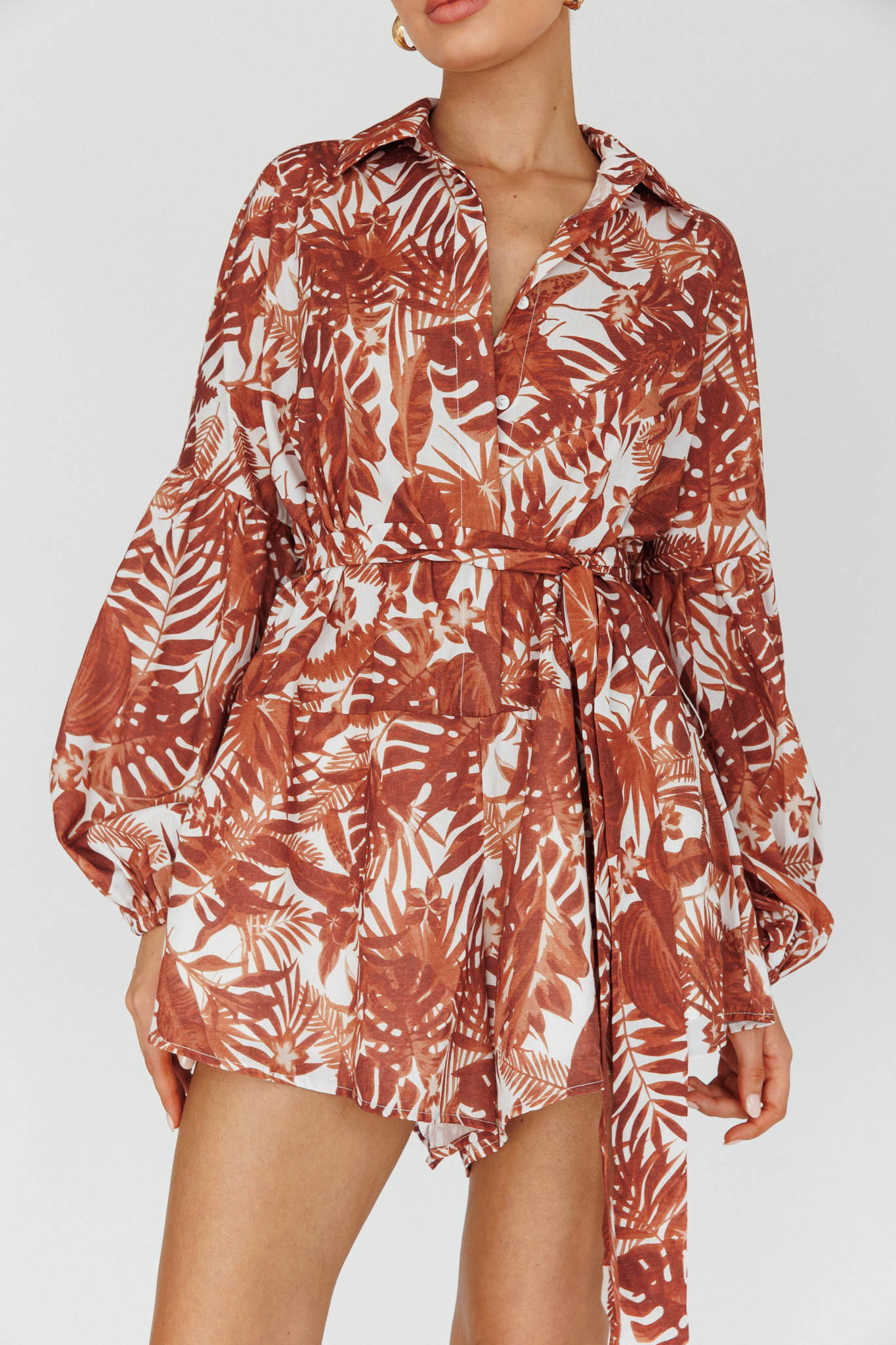 Daytona Beach Long Sleeve Shirt Romper Leaves Brown