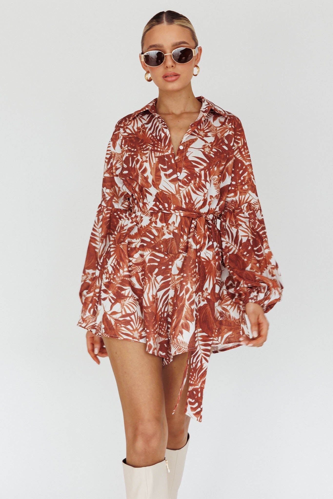 Daytona Beach Long Sleeve Shirt Romper Leaves Brown