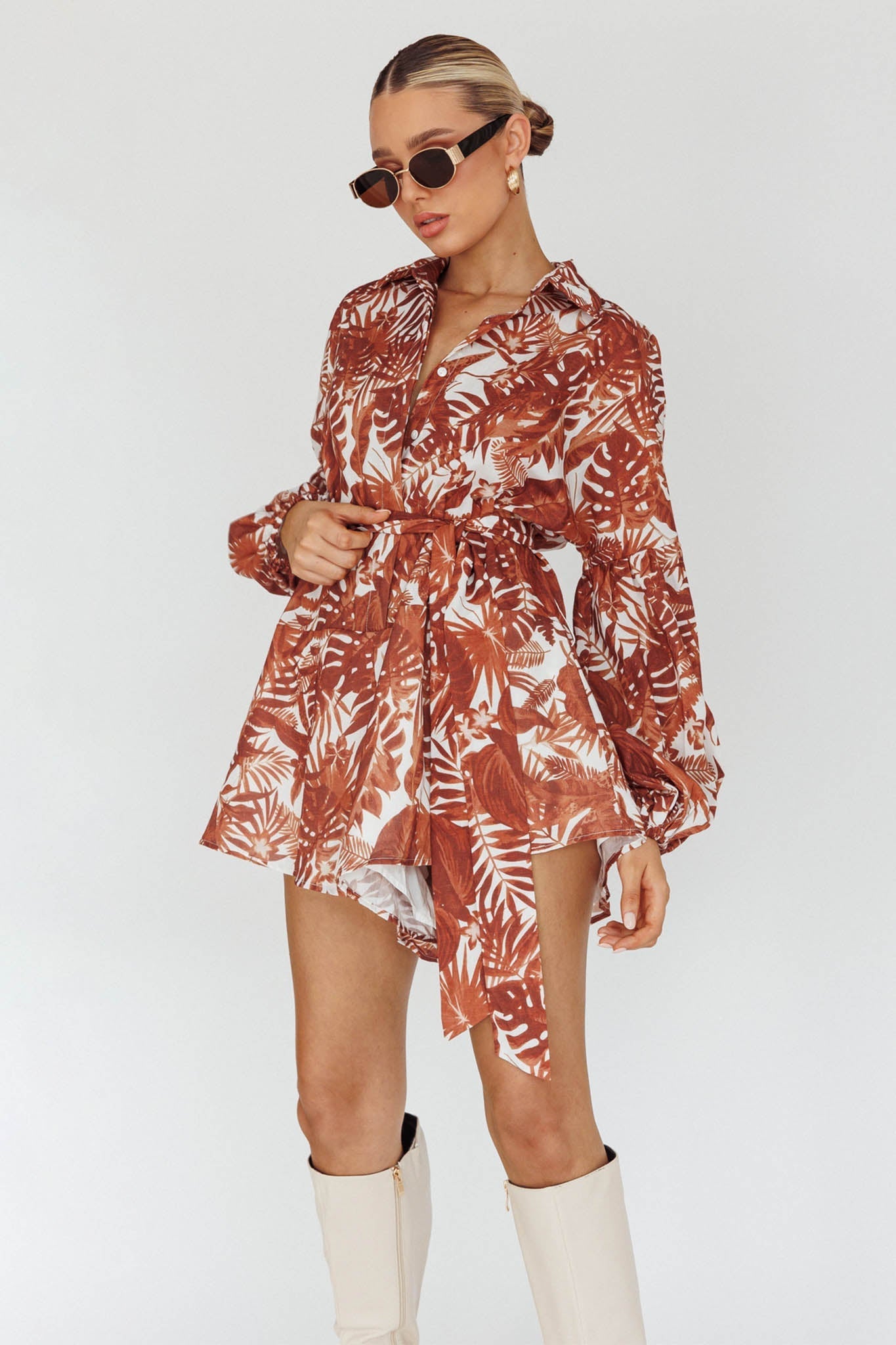 Daytona Beach Long Sleeve Shirt Romper Leaves Brown