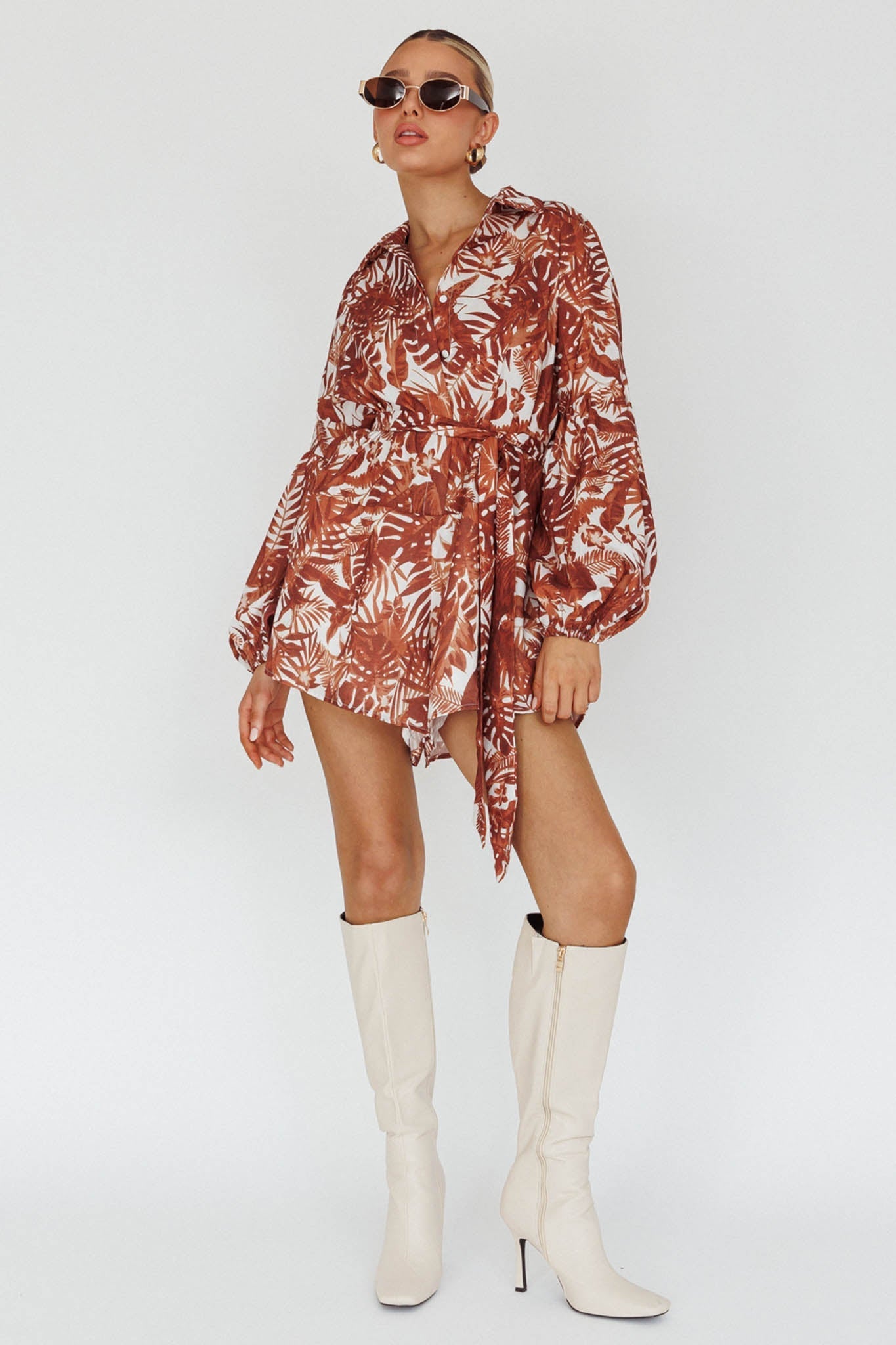 Daytona Beach Long Sleeve Shirt Romper Leaves Brown