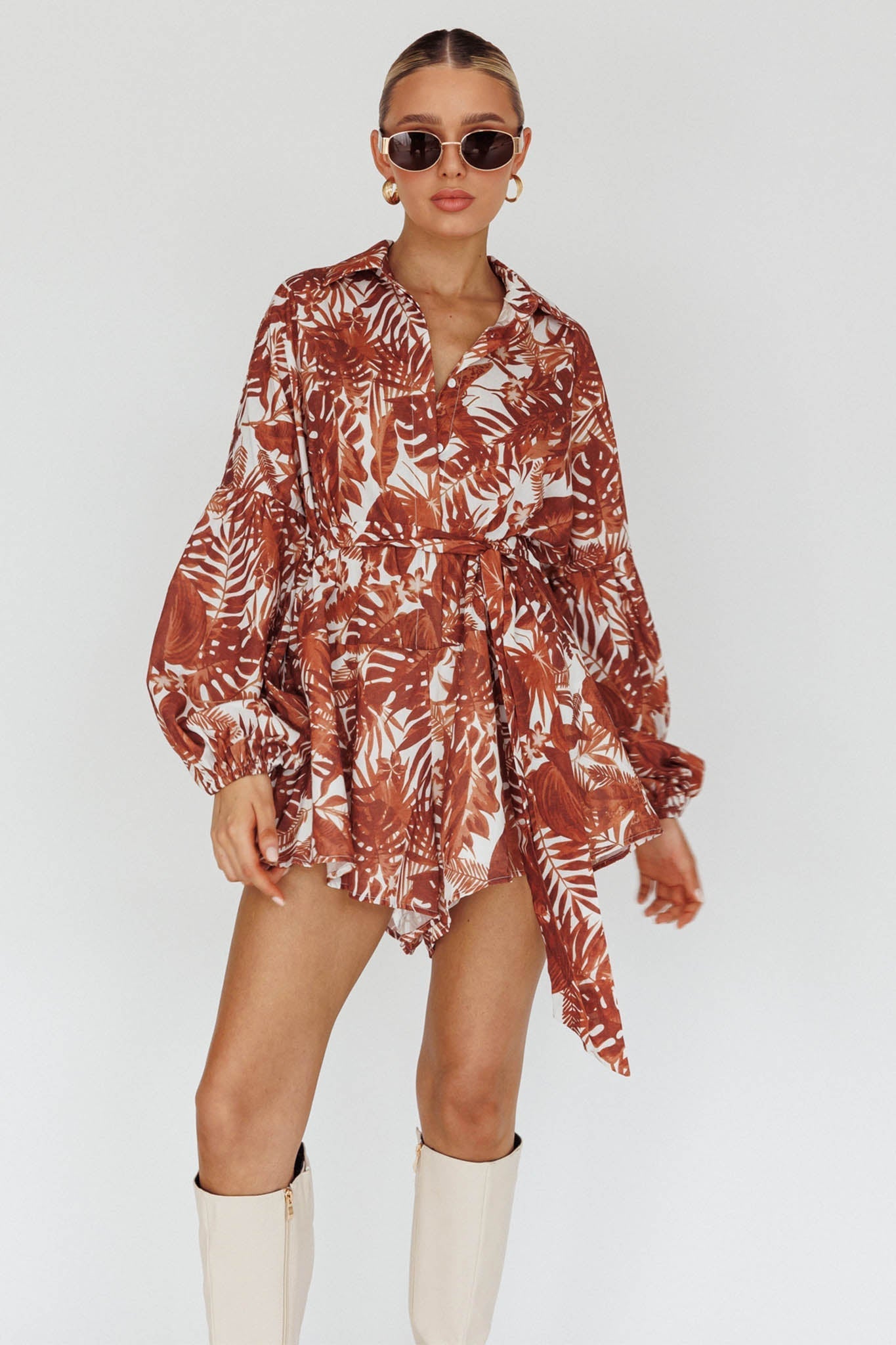 Daytona Beach Long Sleeve Shirt Romper Leaves Brown