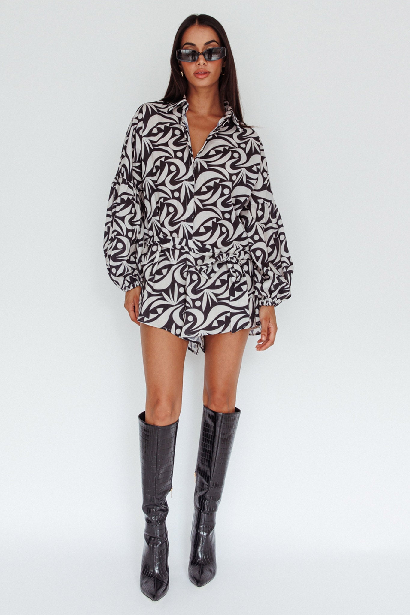 Daytona Beach Long Sleeve Shirt Romper Print Black