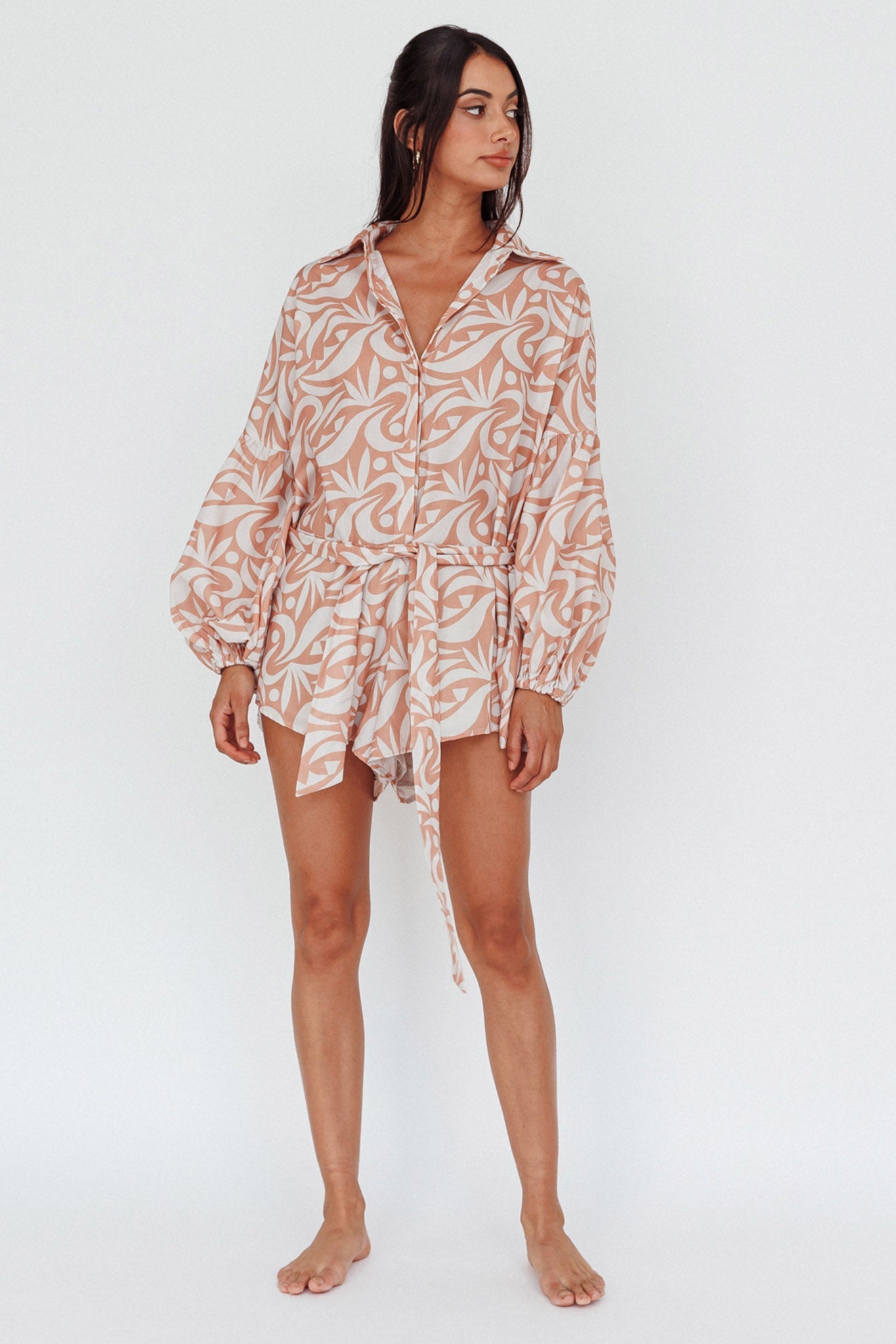 Daytona Beach Long Sleeve Shirt Romper Print Peach