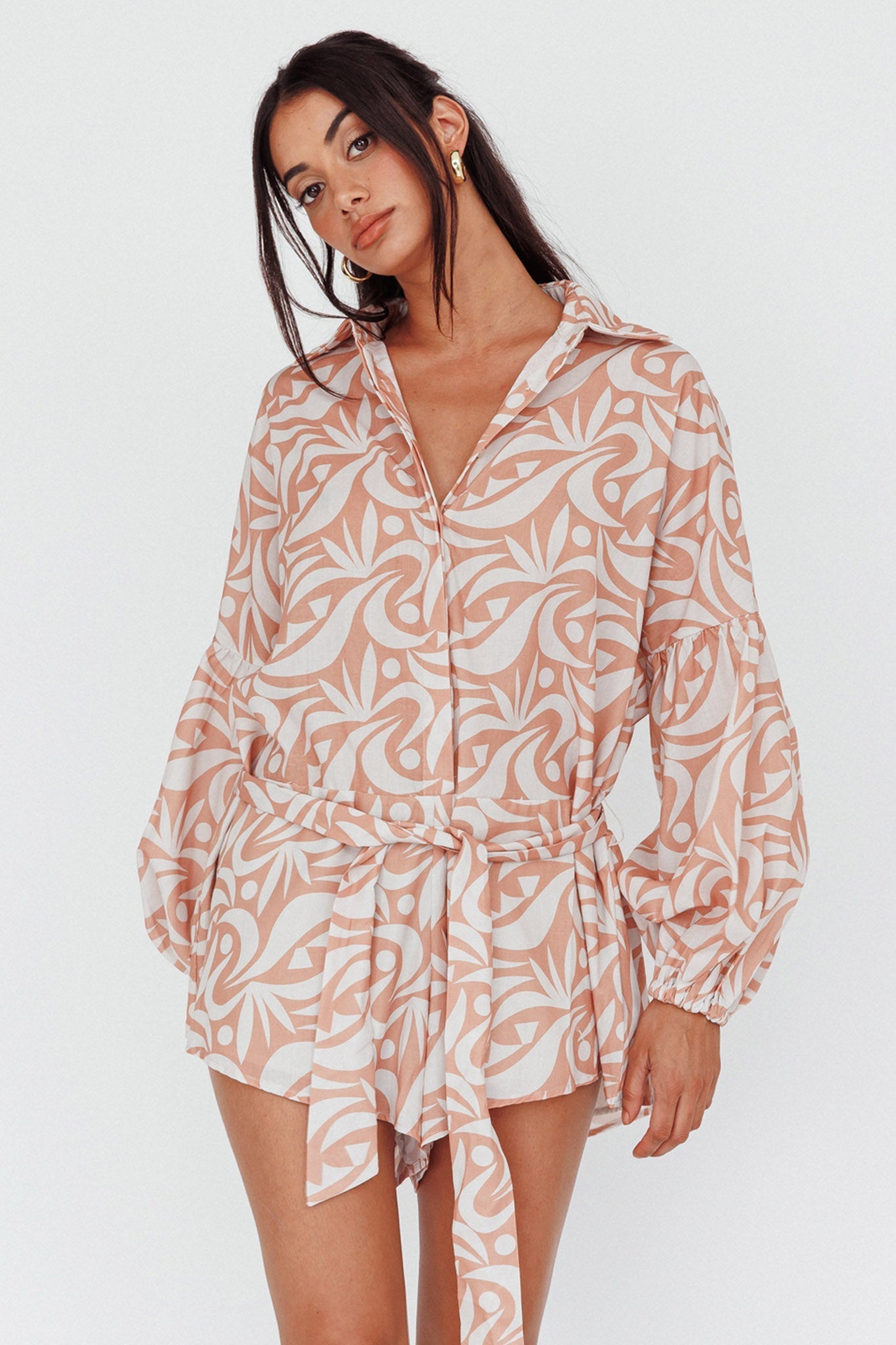 Daytona Beach Long Sleeve Shirt Romper Print Peach