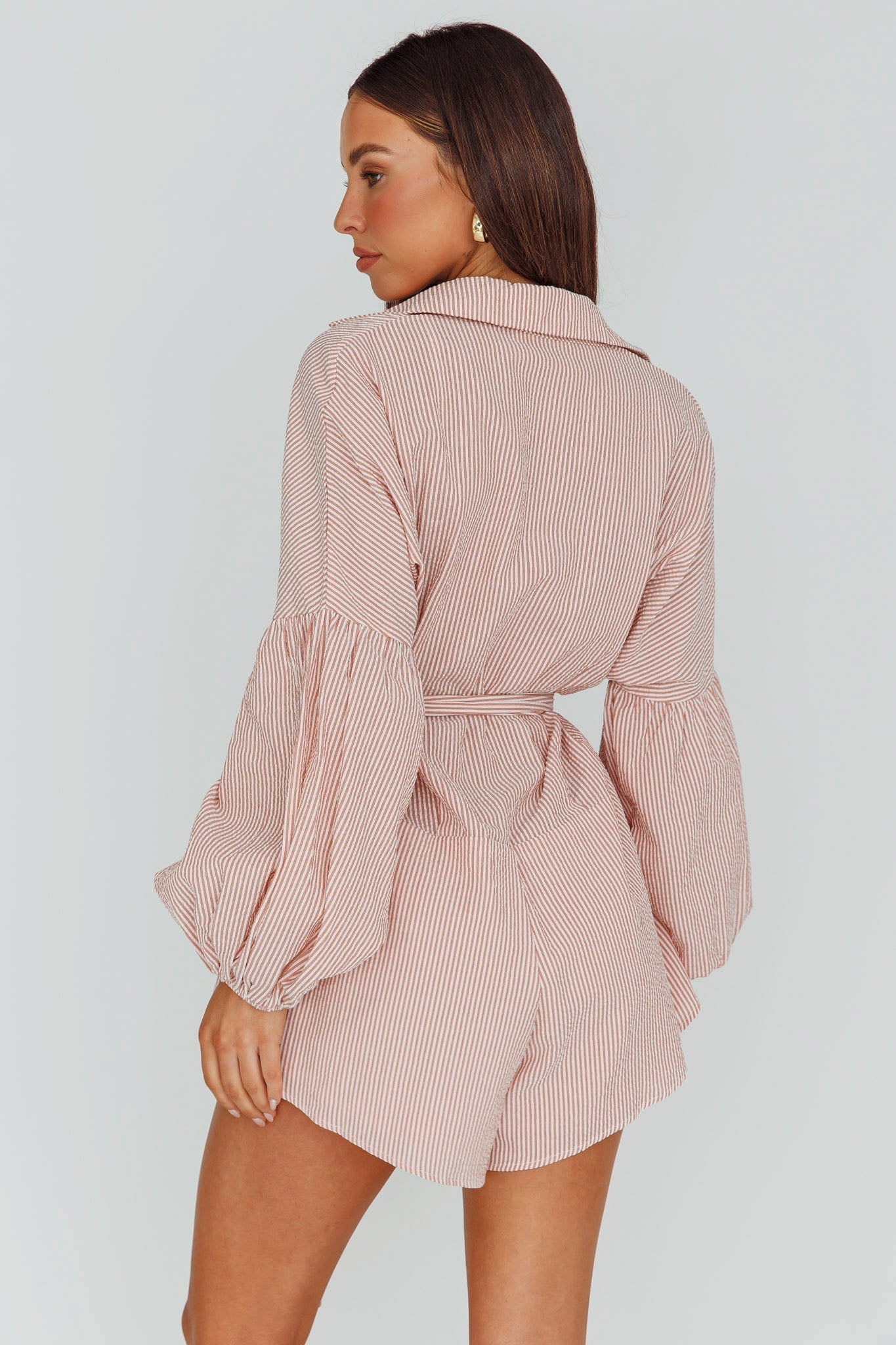 Daytona Beach Long Sleeve Shirt Romper Terracotta Stripe