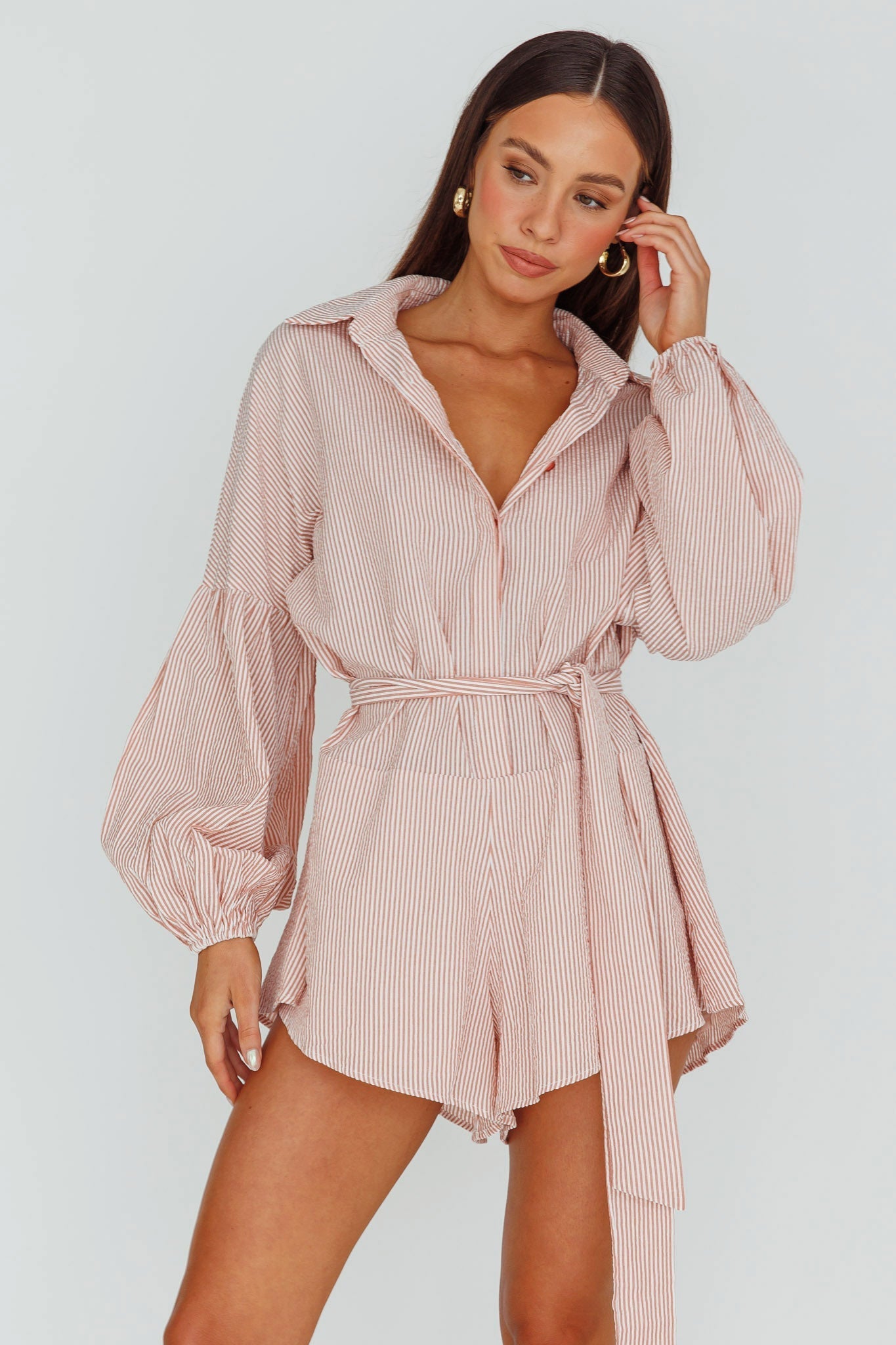 Daytona Beach Long Sleeve Shirt Romper Terracotta Stripe