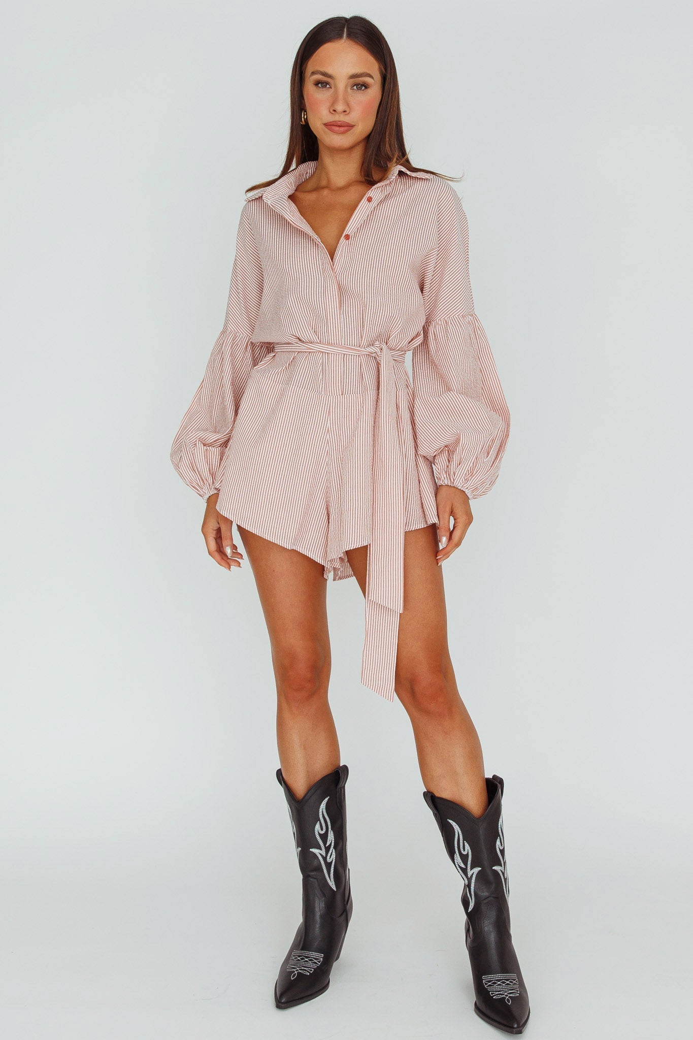 Daytona Beach Long Sleeve Shirt Romper Terracotta Stripe