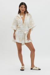 Daytona Beach Button-Up Romper Print Beige