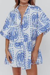 Daytona Beach Button-Up Romper Print Blue