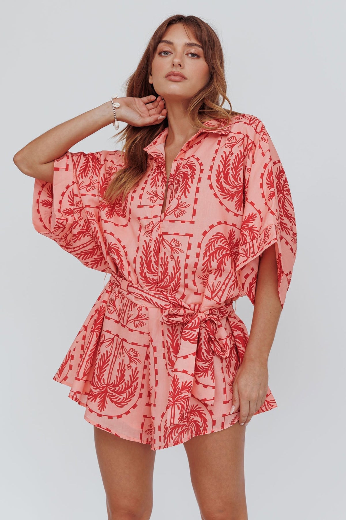 Daytona Beach Button-Up Romper Print Peach