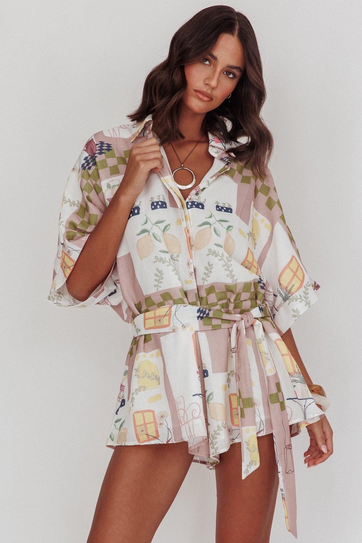 Daytona Beach Button-Up Romper Euro Print Olive
