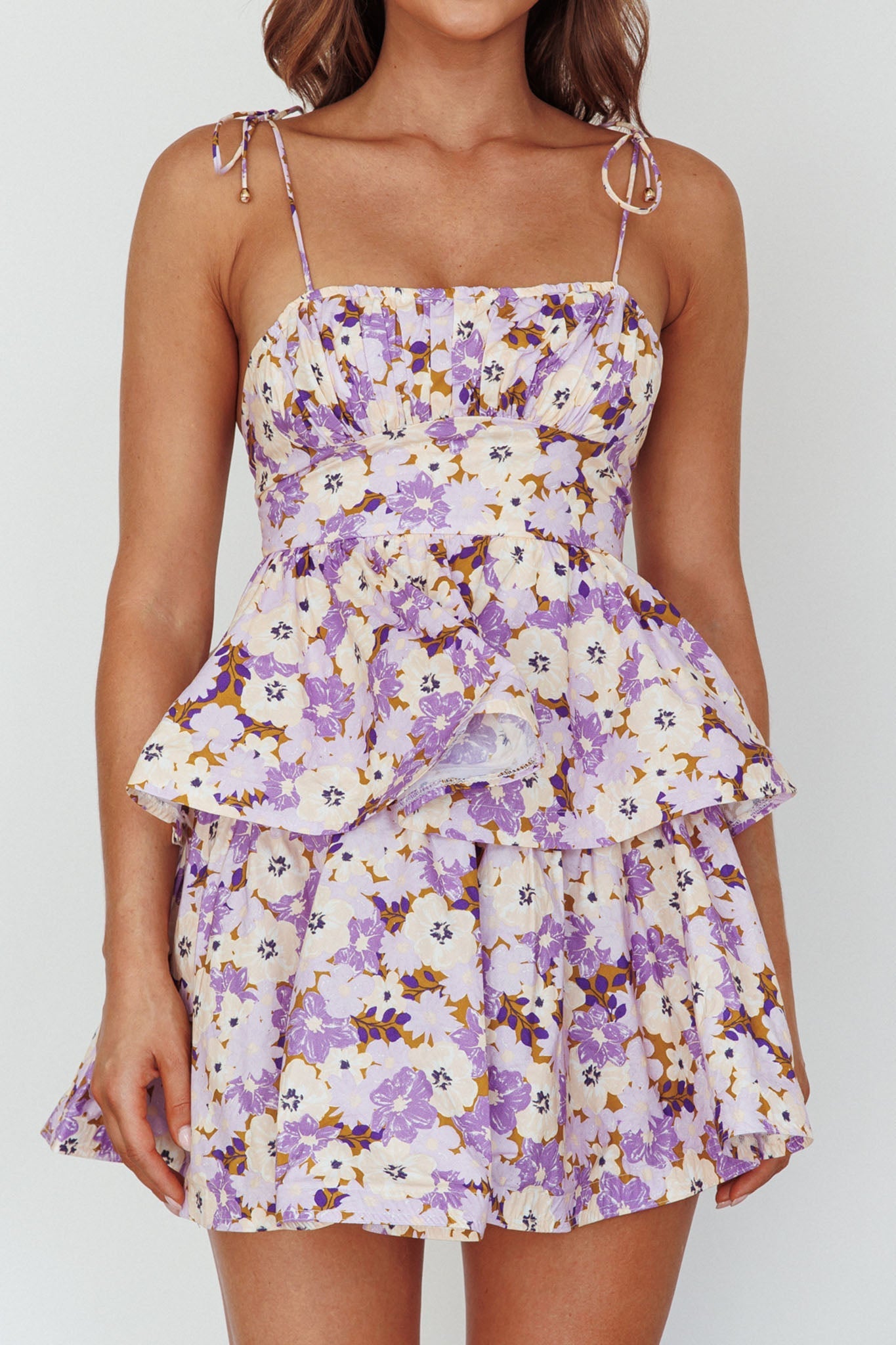 Dodi Tied Shoulder Layered Mini Dress Floral Purple