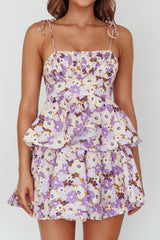 Dodi Tied Shoulder Layered Mini Dress Floral Purple