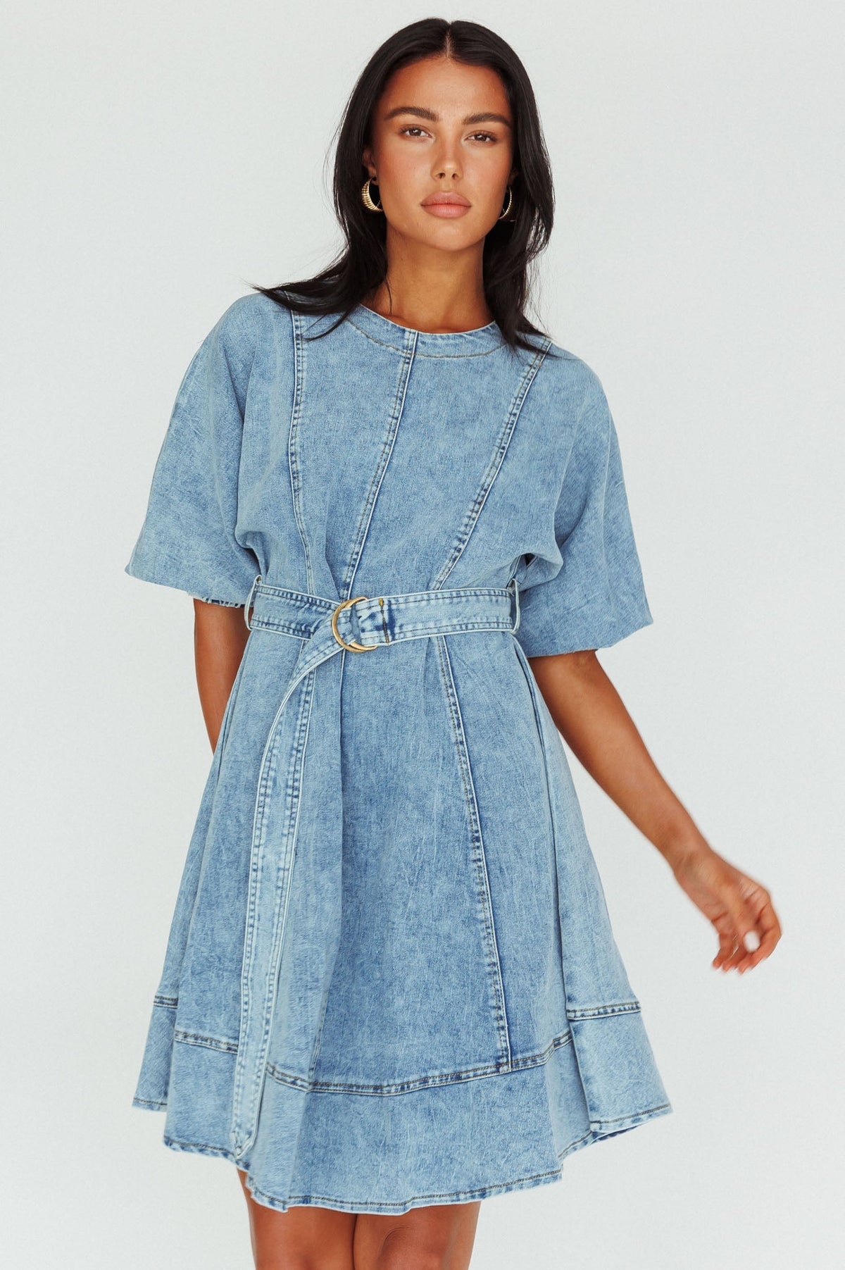 Cadijah Puff Sleeve Belted Mini Dress Denim Blue