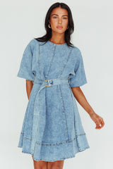 Cadijah Puff Sleeve Belted Mini Dress Denim Blue