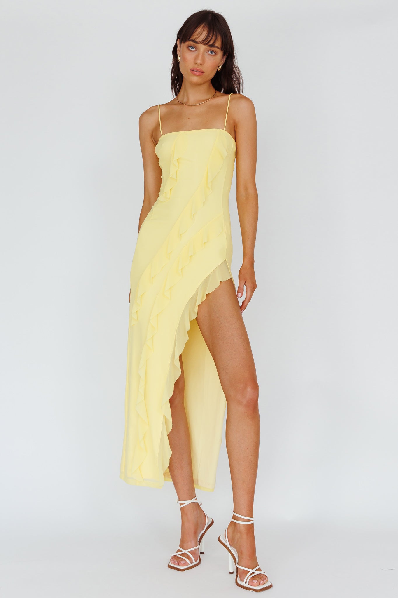 Catriona Split Ruffle Midi Dress Lemon