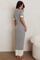 Cayla Button-Up Ribbed Knit Dress Cream Navy