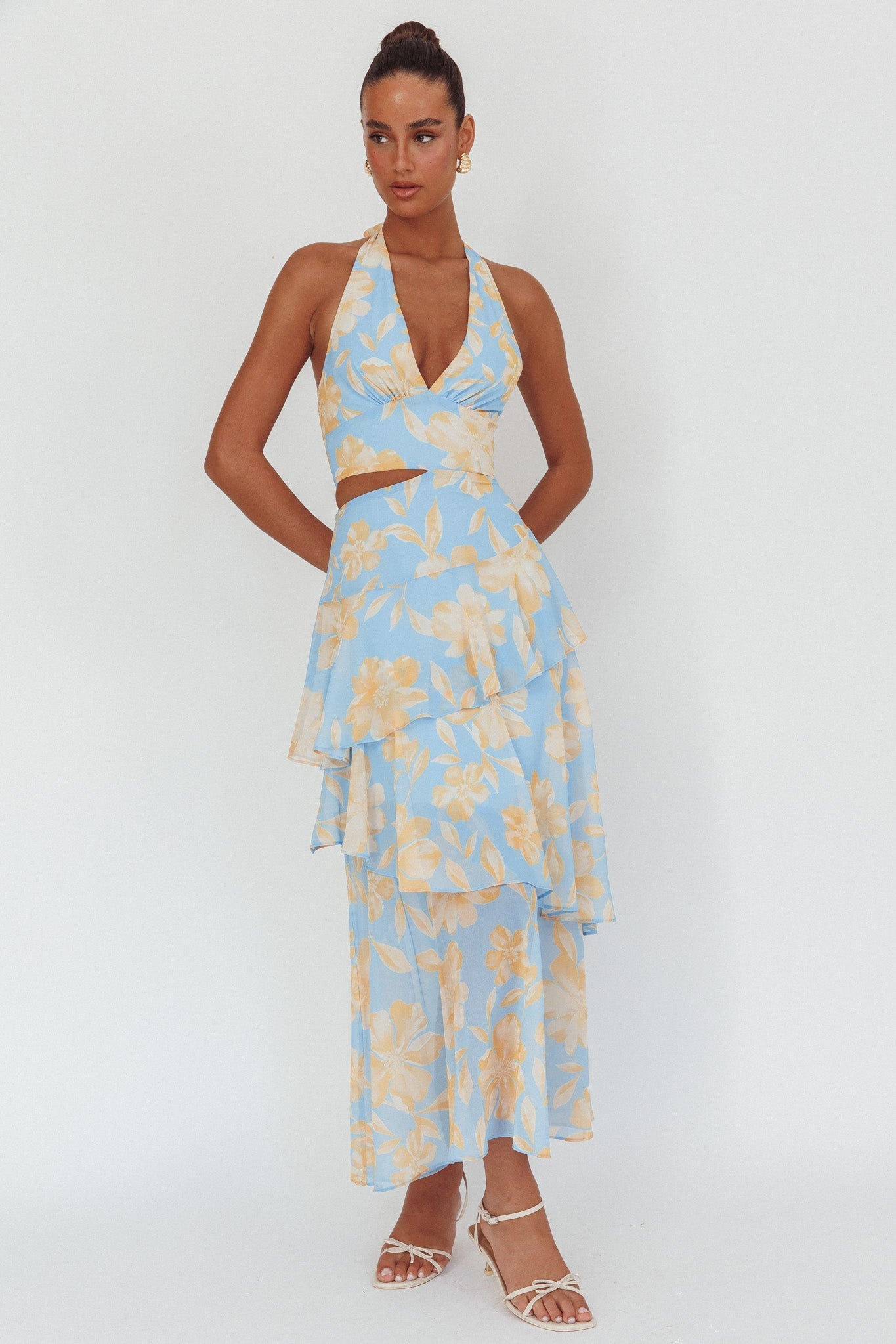 Aura Points Halterneck Cut-Out Maxi Dress Floral Blue