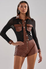 GALAXY MESH BUTTON DOWN WITH FAUX LEATHER TRIM