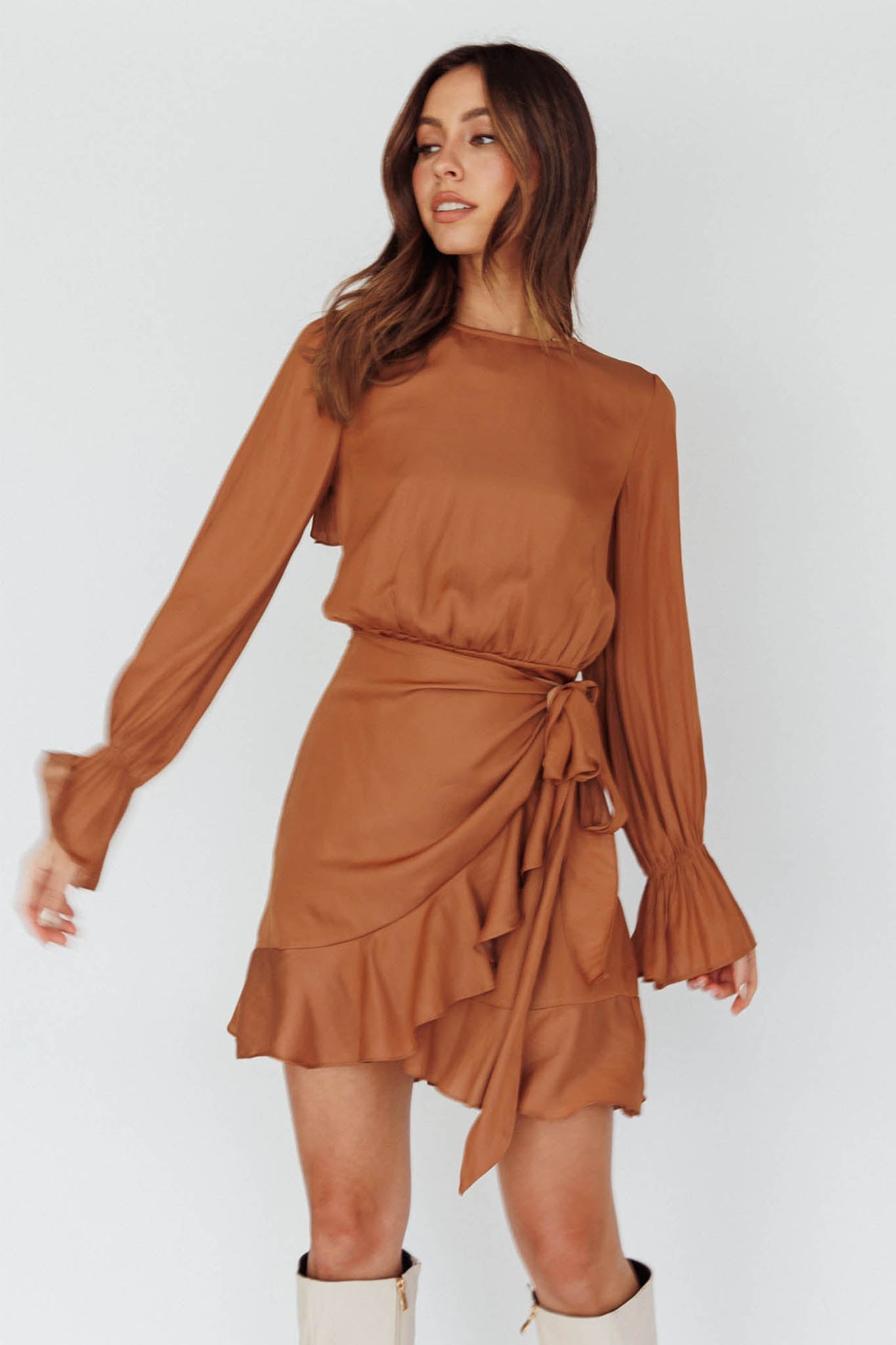 Darla Long Sleeve Satin Dress Tan