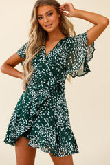 Cami Angel Sleeve Faux Wrap Dress Flower Print Forest Green