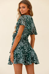 Cami Angel Sleeve Faux Wrap Dress Flower Print Forest Green