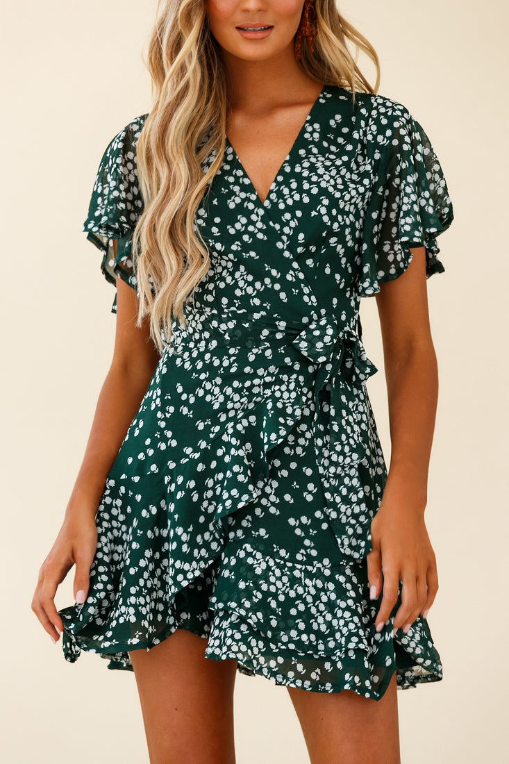 Cami Angel Sleeve Faux Wrap Dress Flower Print Forest Green