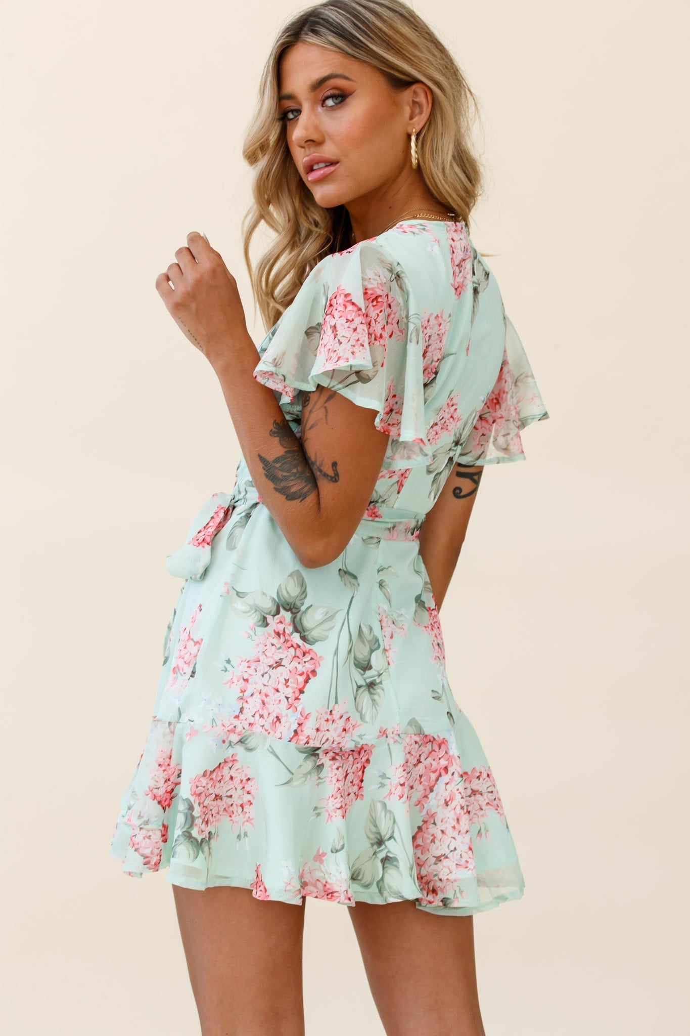Cami Angel Sleeve Faux Wrap Dress Hydrangea Print Mint/Pink