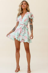 Cami Angel Sleeve Faux Wrap Dress Hydrangea Print Mint/Pink