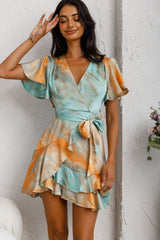 Cami Angel Sleeve Faux Wrap Dress Tie-Dye Print Aqua/Orange