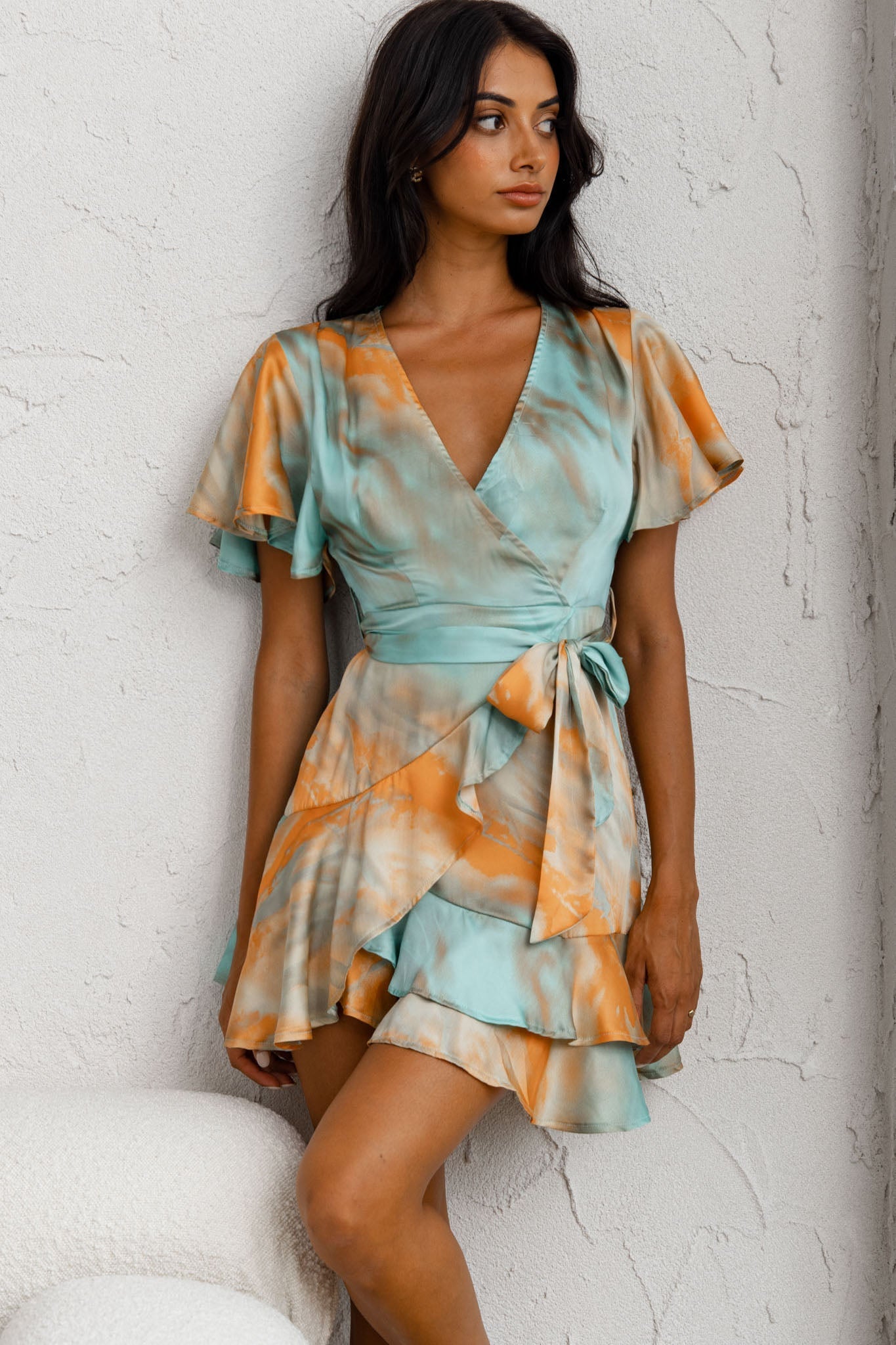 Cami Angel Sleeve Faux Wrap Dress Tie-Dye Print Aqua/Orange