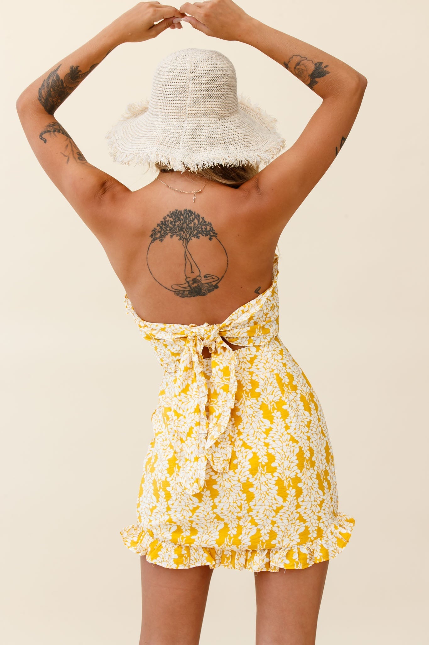 Dollface Bandeau Ruffle Detail Mini Dress Leaf Print Yellow