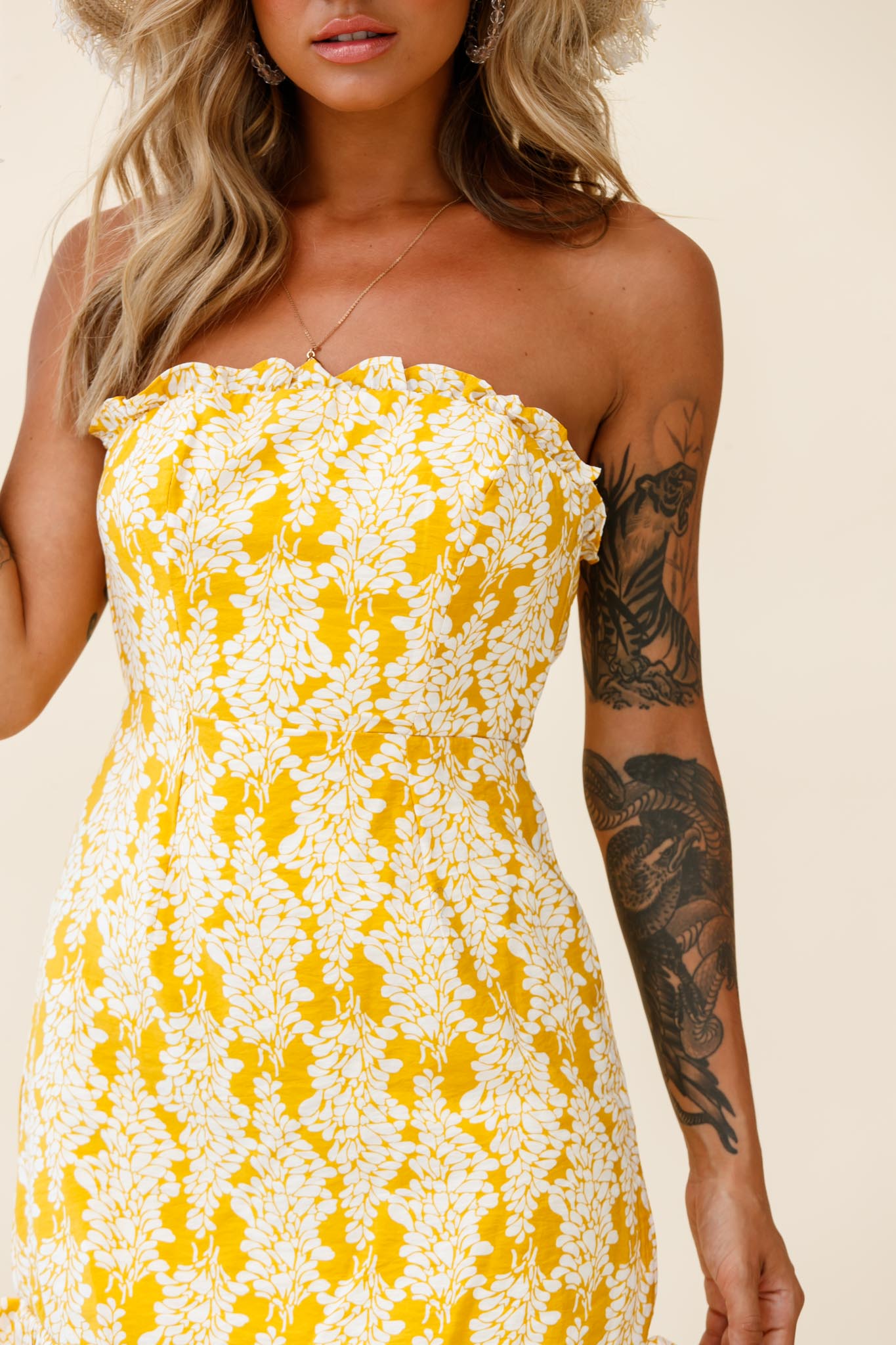 Dollface Bandeau Ruffle Detail Mini Dress Leaf Print Yellow