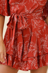 Davina Angel Sleeve Cut-Out Back Romper Leaf Print Rose