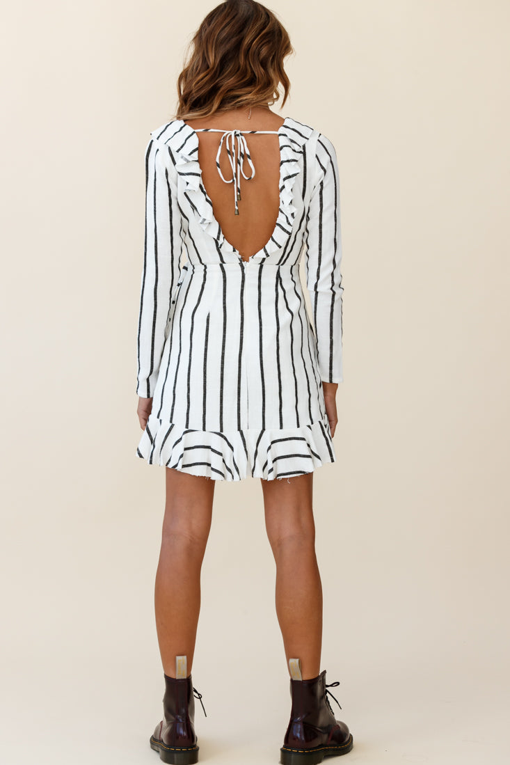 Beatrice Faux Wrap Ruffle Trim Raw Edge Dress White/Black Stripe