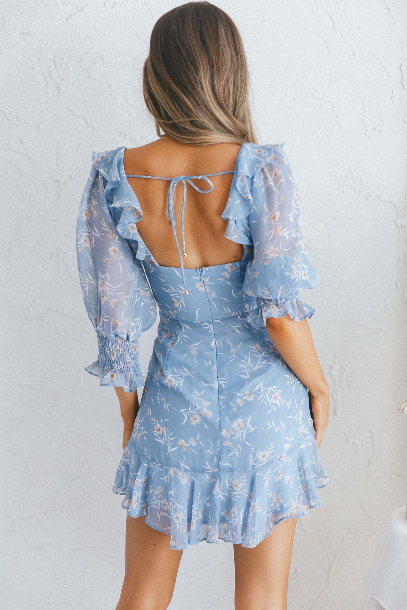 Desiree Sweetheart Neckline Shirred Cuff Frill Dress Floral Print Blue
