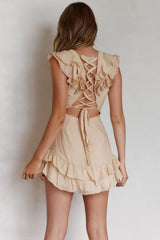 Charade Ruffle Shoulder Corset Back Dress Beige