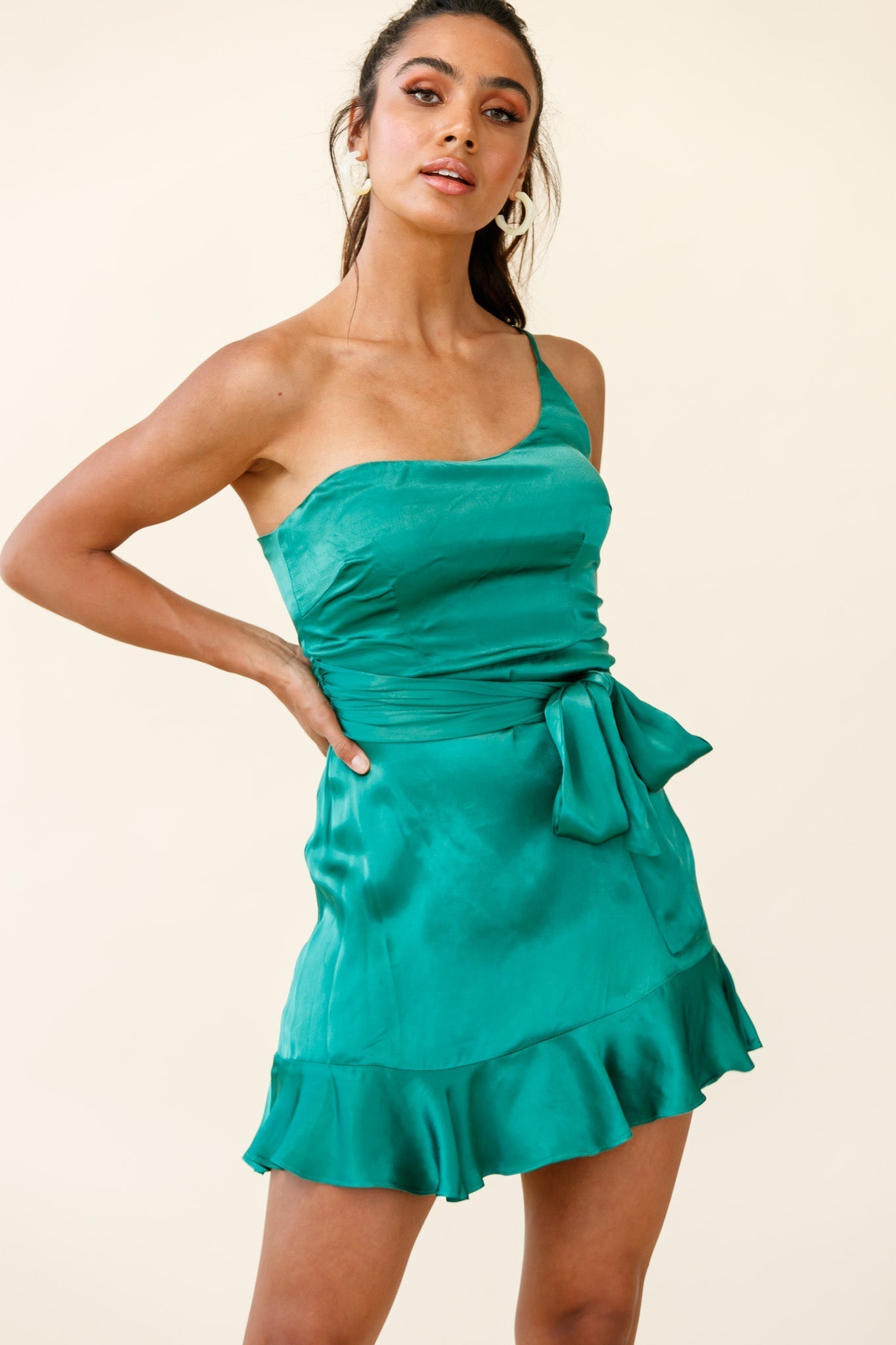 Don't Wait Up One Shoulder Waist Tie Dress Jade