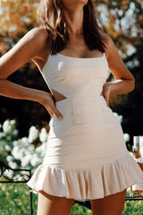 Augustine Pleated Detail Cut-Out Waist Dress Beige