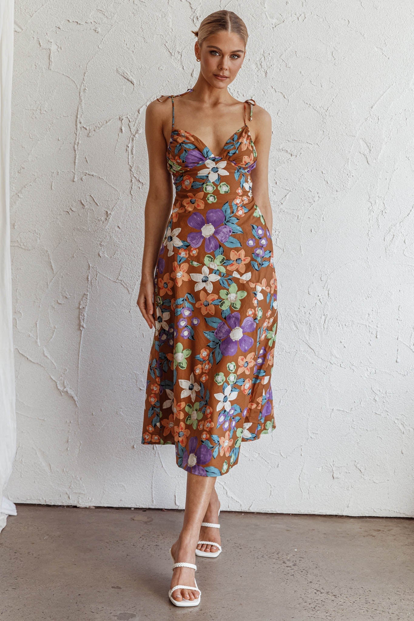 Clovelly Tied Shoulder Midi Dress Flower Terracotta
