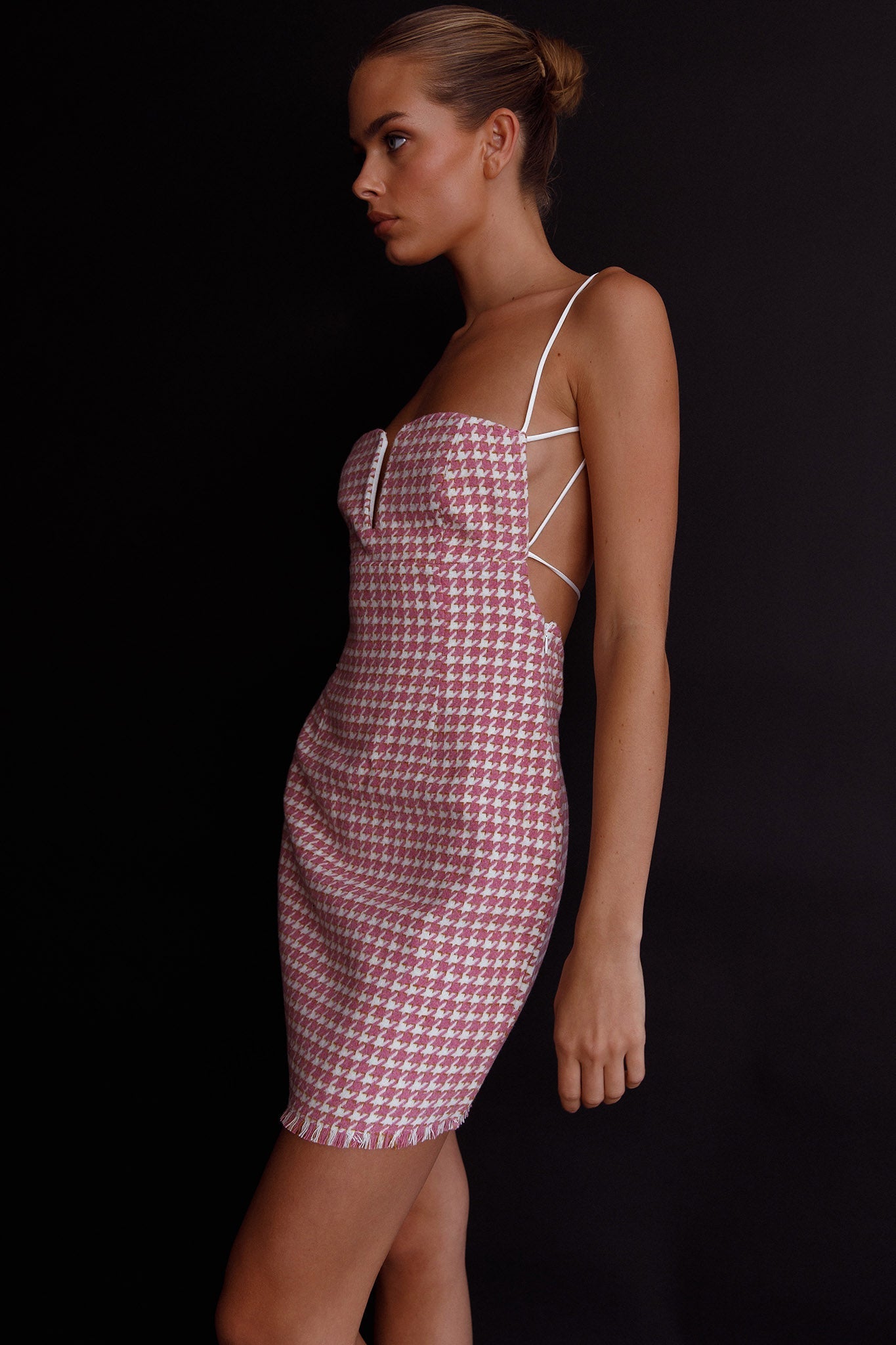 Dolce Life Low Back Mini Dress Houndstooth Pink
