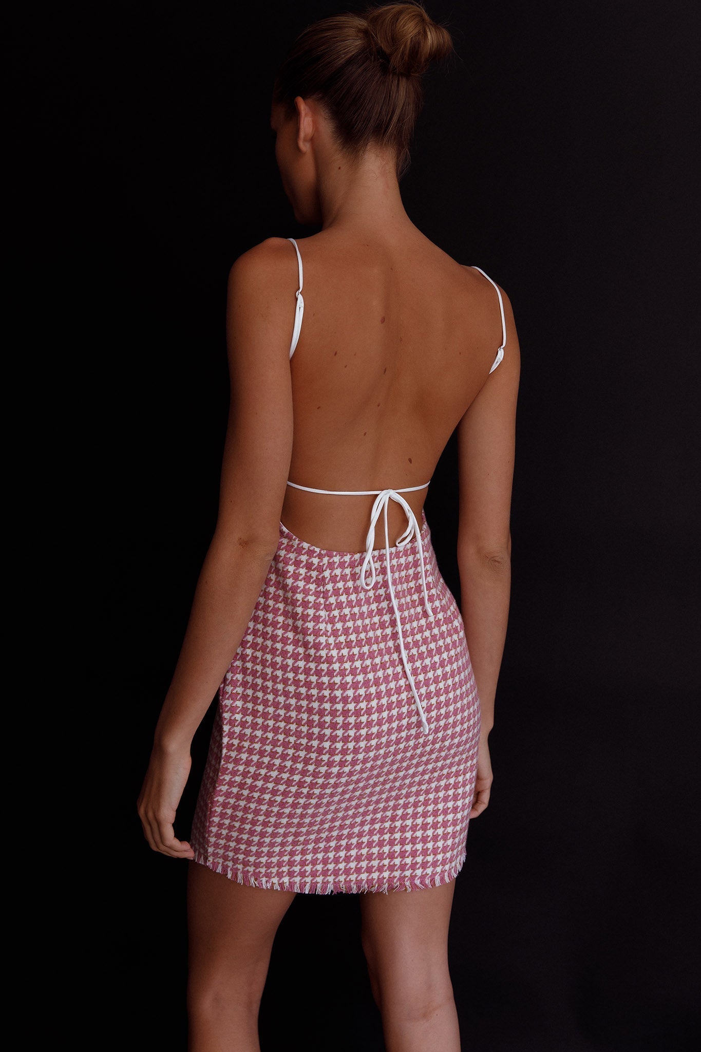 Dolce Life Low Back Mini Dress Houndstooth Pink