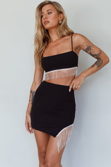 Call On Me Diamante Fringe Mini Skirt Black