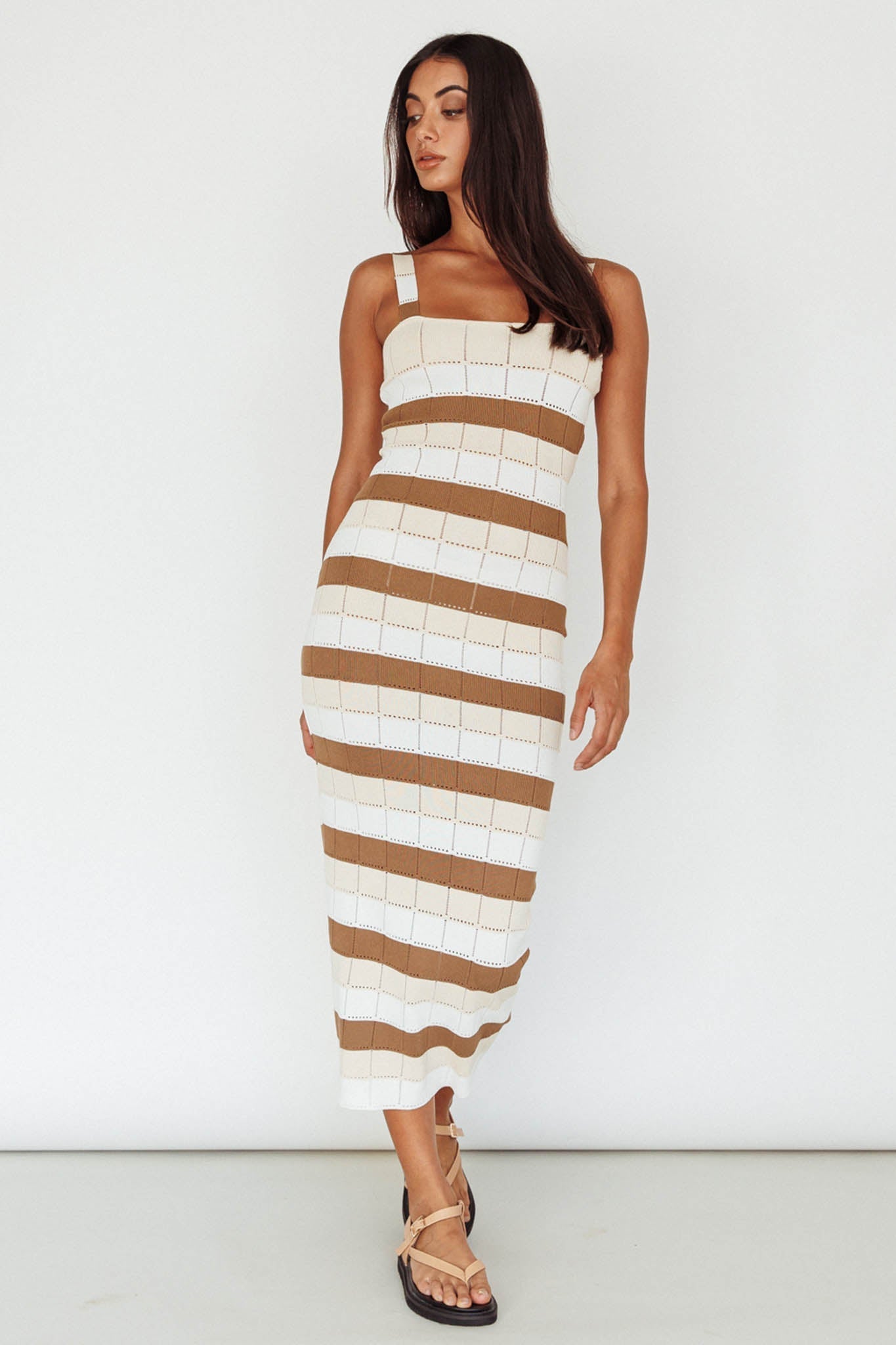 Chase The Sunrise Knit Midi Dress Striped Chocolate/White